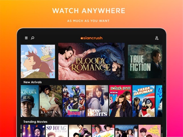Tampilan aplikasi AsianCrush menampilkan berbagai judul film, serial TV, dan anime